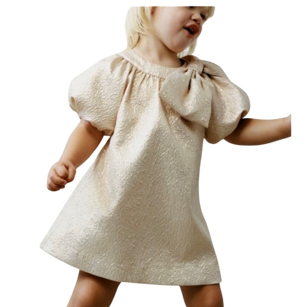 Zara Baby Girl Holiday Dress 12-18 months Gold Bow Party Dressy Champagne Cute